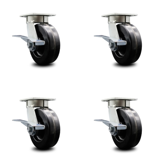 6 Inch Kingpinless Phenolic Wheel Swivel Caster Set with Brakes